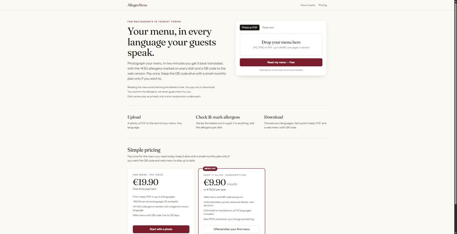 AllegroMenu website, live